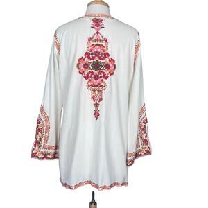 Soft Surroundings Embroidered Bohemian Indie Tunic Top Medium White Orange Red